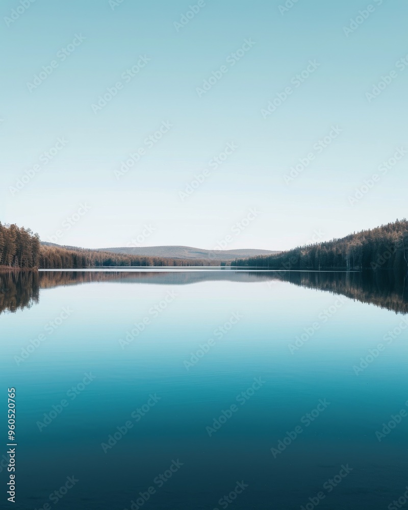 A broad, clear blue lake stretching to the horizon, surrounded by distant pine forests A broad, clear blue lake stretching to the horizon, surrounded by distant pine forests