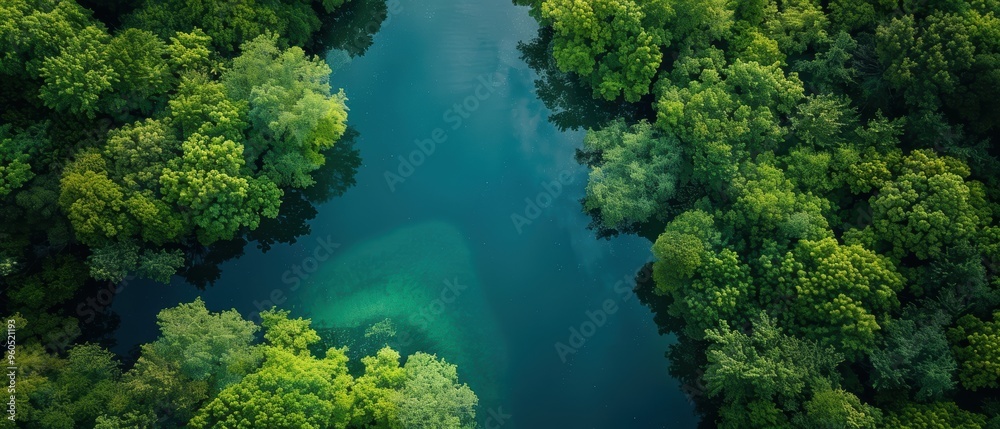 Serene Aerial View of Lush Spring Forest with River and Trails in Serene Aerial View of Lush Spring Forest with River and Trails in