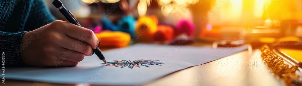 Fototapeta premium A creative workspace with vibrant colors, showcasing a hand drawing intricate patterns on paper during a sunny afternoon.