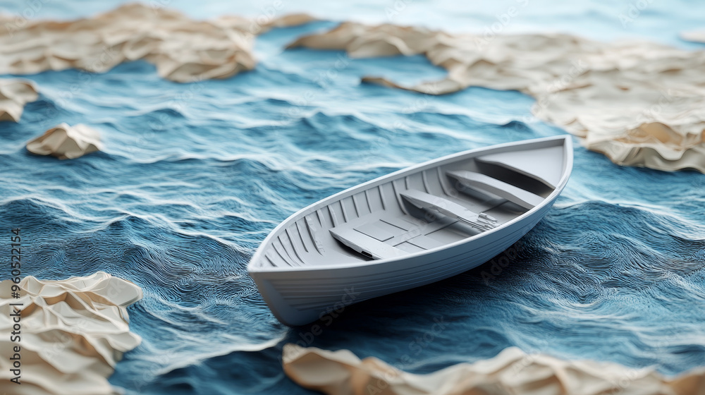 Obraz premium A minimalistic 3D design featuring boat on textured water waves, creating serene and artistic scene.