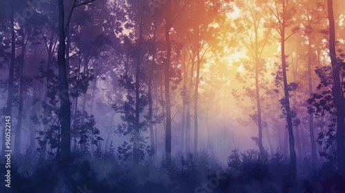 foggy magical forest with soft pastel color illustration