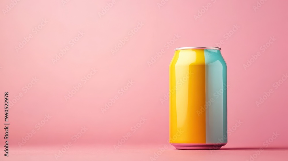 A vibrant and colorful soda can stands against a soft pink background, adding a playful touch to any creative project.
