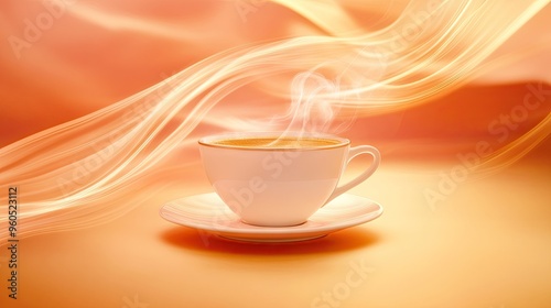 A steaming cup of coffee with graceful swirls, set against a warm and trendy backdrop, inviting moments of serenity and reflection