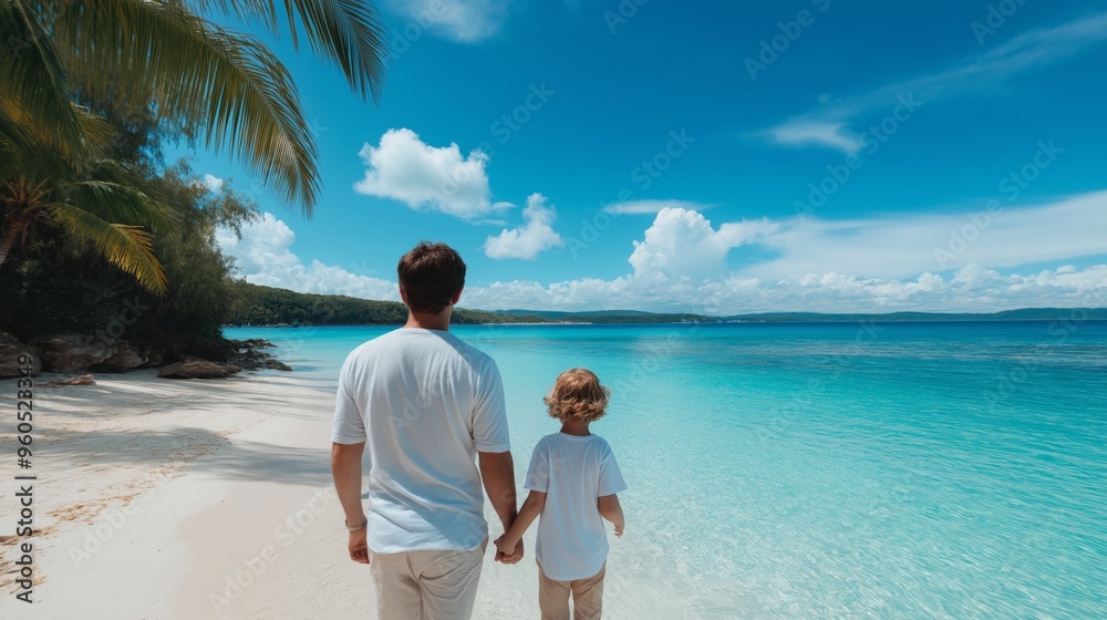 Father and child holding hands and walking on a tropical beach with clear blue water and palm trees on a sunny day. Father and child holding hands and walking on a tropical beach with clear blue water and palm trees on a sunny day.