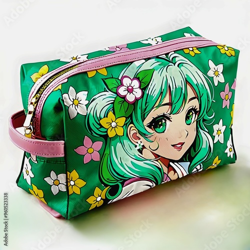 a green flowered bag with a cute girl on it photo