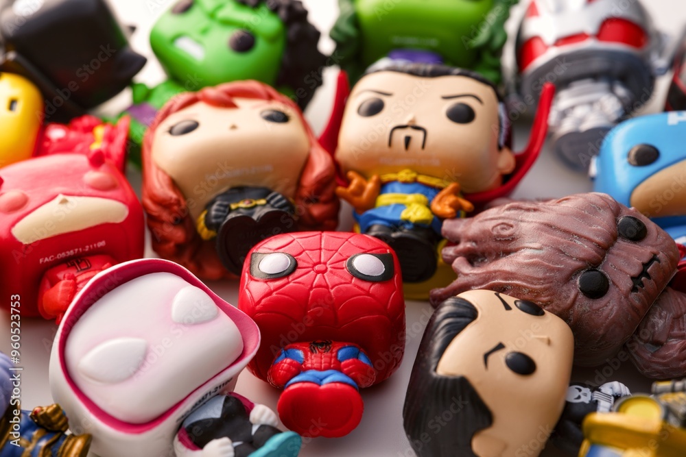 Naklejka premium Tambov, Russian Federation - August 23, 2024 A heap of Marvel Funko POP Mini Vinyl Figures.