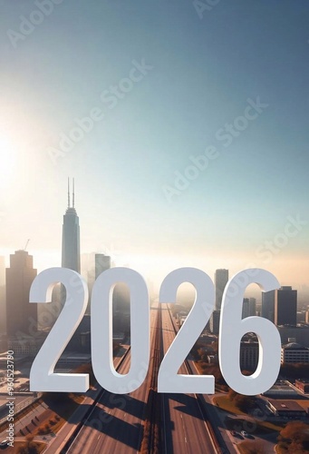 Happy New Year 2026 The number 2026 is located on the highway in the big city in the morning. generative ai
