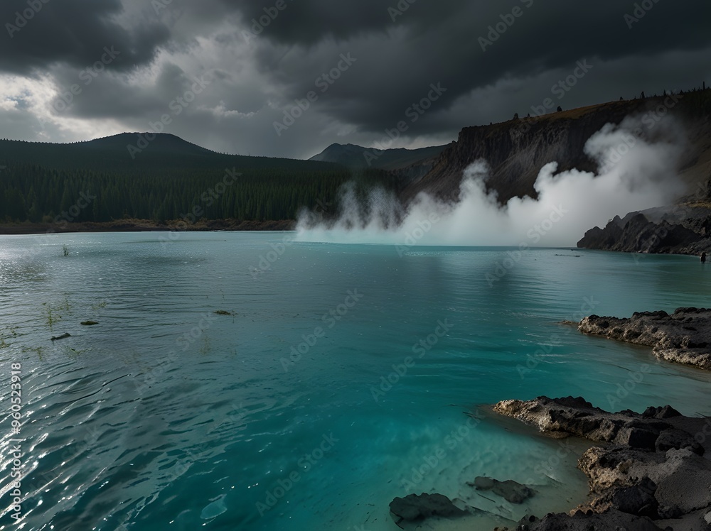 Steam Rising From Blue Lake With Mountains and Cloudy Sky Steam Rising From Blue Lake With Mountains and Cloudy Sky