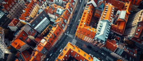 Historic City Center Aerial View with Cobblestone Streets, Old Churches, and Colorful Buildings in