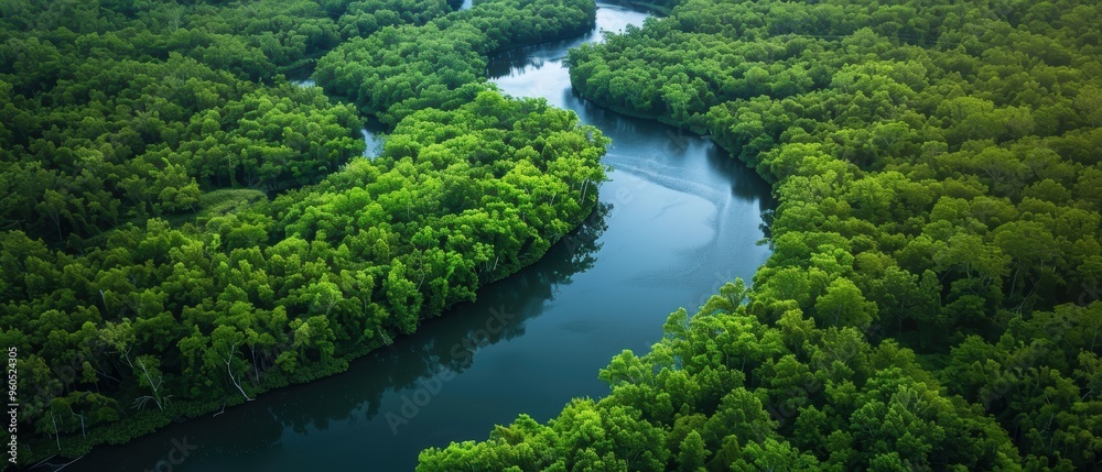 Serene Aerial View of a Winding River Meandering Through Lush Forest Canopy Serene Aerial View of a Winding River Meandering Through Lush Forest Canopy