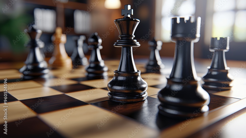 A detailed photo of a classic chessboard with pieces arranged mid-game A detailed photo of a classic chessboard with pieces arranged mid-game