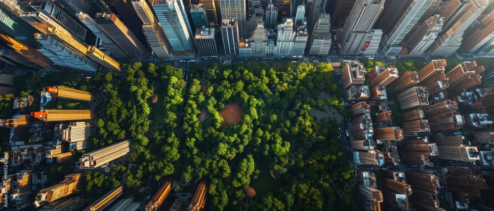 Fototapeta premium Majestic Urban Landscape: Aerial View of Vibrant Cityscape with Skyscrapers, Bustling Streets, and Lush Central Park in