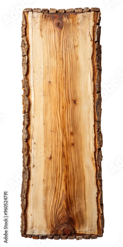 Rectangular wooden slab with bark edges, highlighting natural wood grain and texture. Ideal for rustic or organic design projects and crafting purposes. Isolated on transparent background, png. photo