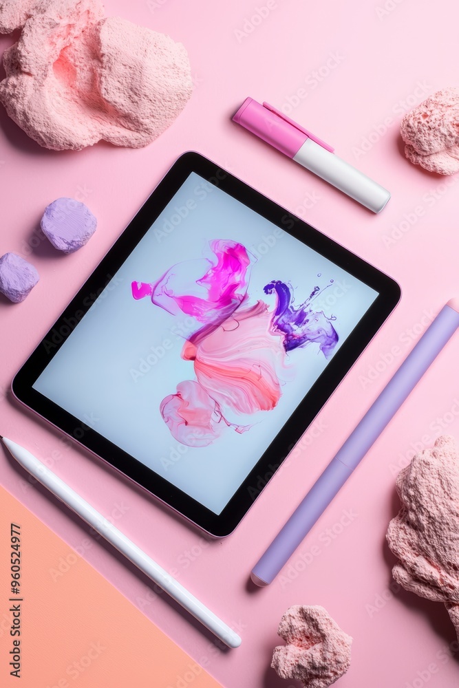 A flat lay of a tablet, smart stylus, and design sketches, showcasing digital creativity A flat lay of a tablet, smart stylus, and design sketches, showcasing digital creativity