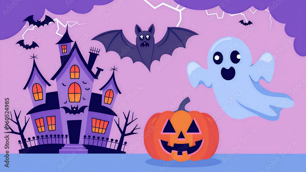 Happy Halloween graphic design, banner or party invitation background with clouds, bats and pumpkins. Generative AI Happy Halloween graphic design, banner or party invitation background with clouds, bats and pumpkins. Generative AI
