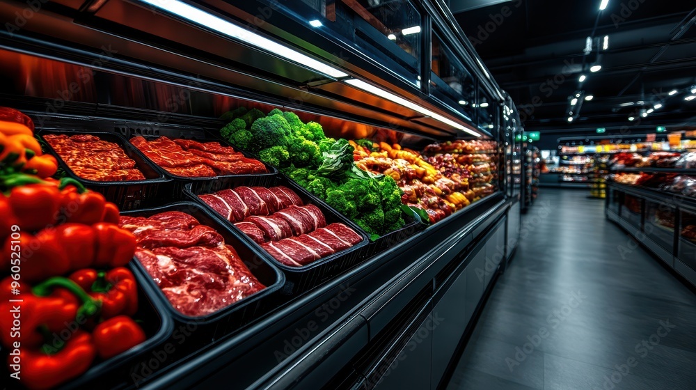 A vibrant display of fresh meat and vegetables in a modern grocery store refrigerator aisle. A vibrant display of fresh meat and vegetables in a modern grocery store refrigerator aisle.