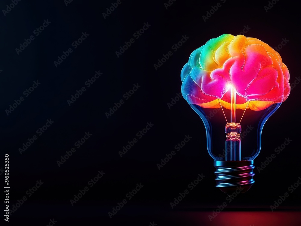 A vibrant light bulb shaped like a brain, symbolizing innovative ideas and creativity against a dark background.
