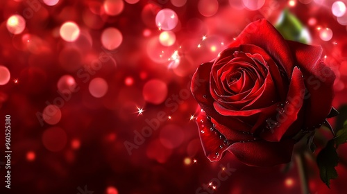 A close-up of a luxurious red rose adorned with sparkles and set against a beautiful bokeh background, representing elegance, love, and romance. #960525380