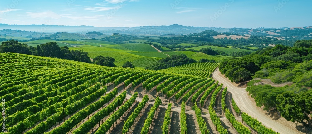 Serene Aerial View of Lush Vineyard with Grapevines, Scenic Road, and Estate Serene Aerial View of Lush Vineyard with Grapevines, Scenic Road, and Estate