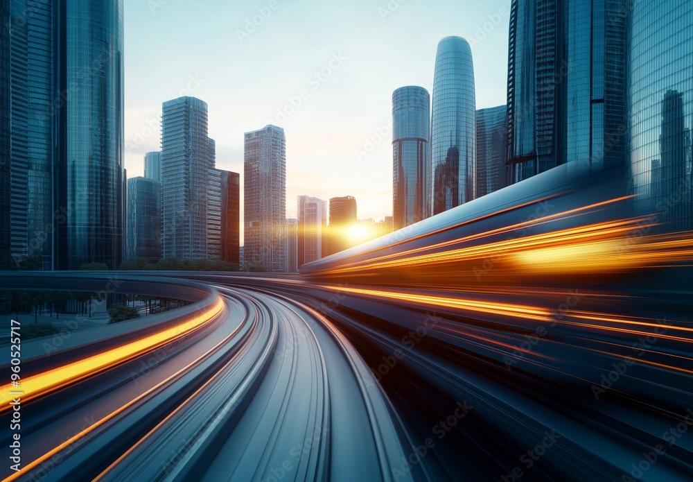 Fototapeta premium Modern city skyline with high-speed train motion blur at sunset, representing urban transportation and infrastructure advancements.