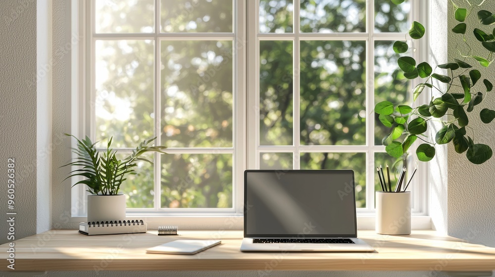 Cozy Home Office Workspace with Laptop and Potted Plants by Bright Window Cozy Home Office Workspace with Laptop and Potted Plants by Bright Window