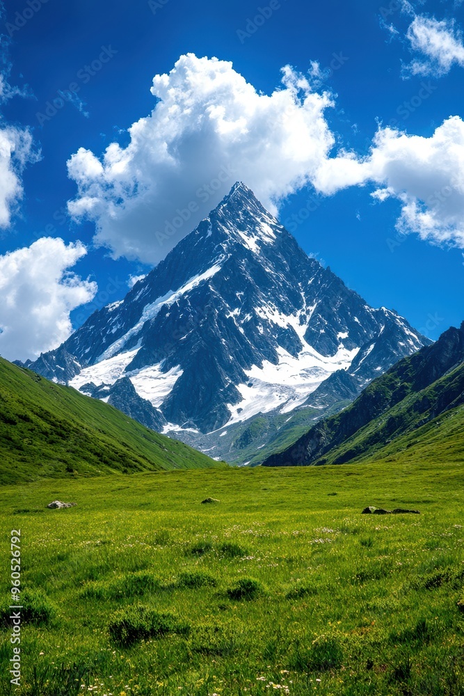 Fototapeta premium Breathtaking mountain landscape showing a peak surrounded by lush greenery and vibrant blue sky with fluffy clouds.
