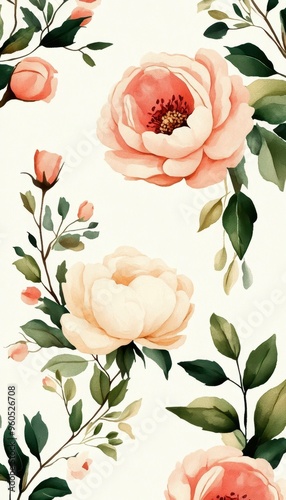 Beautiful floral pattern featuring delicate pink roses and green leaves on a soft background, perfect for elegant design.