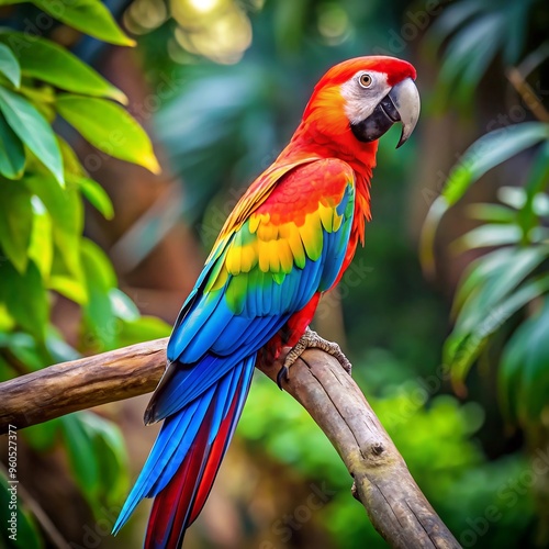 a colorful parrot with a blue tail sits on a branch