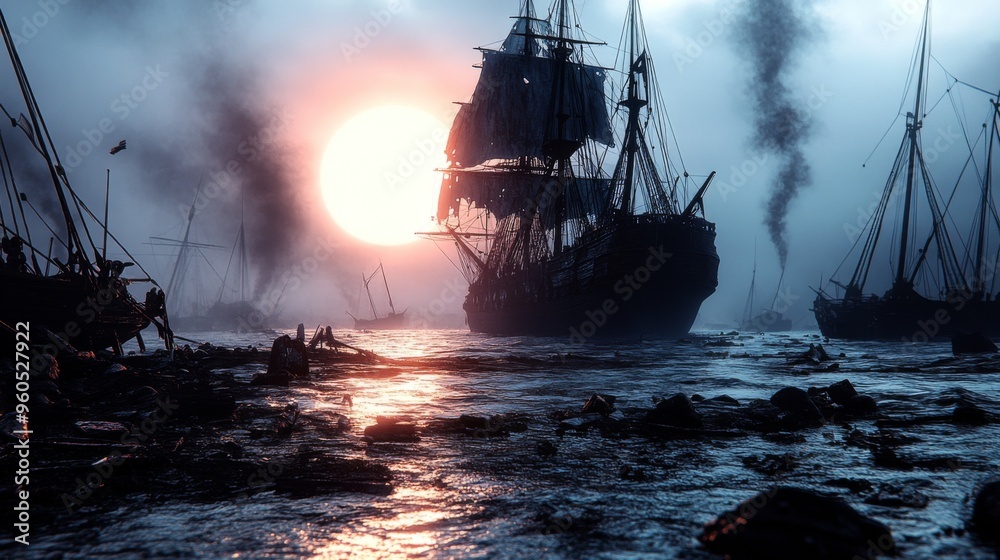 Obraz premium A fleet of historical ships in a dramatic sunset scene with fog, reflecting on the water, creating a cinematic and mysterious atmosphere.