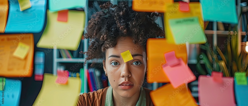 © muhamad - Young Woman Overwhelmed by Colorful Sticky Notes