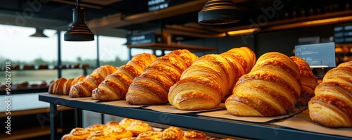 Freshly baked loaves of bread lined on shelves in a modern bakery, showcasing golden crusts and inviting aromas. photo