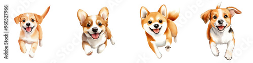 Four playful dogs running happily, displaying joy and energy in a vibrant and cheerful setting.