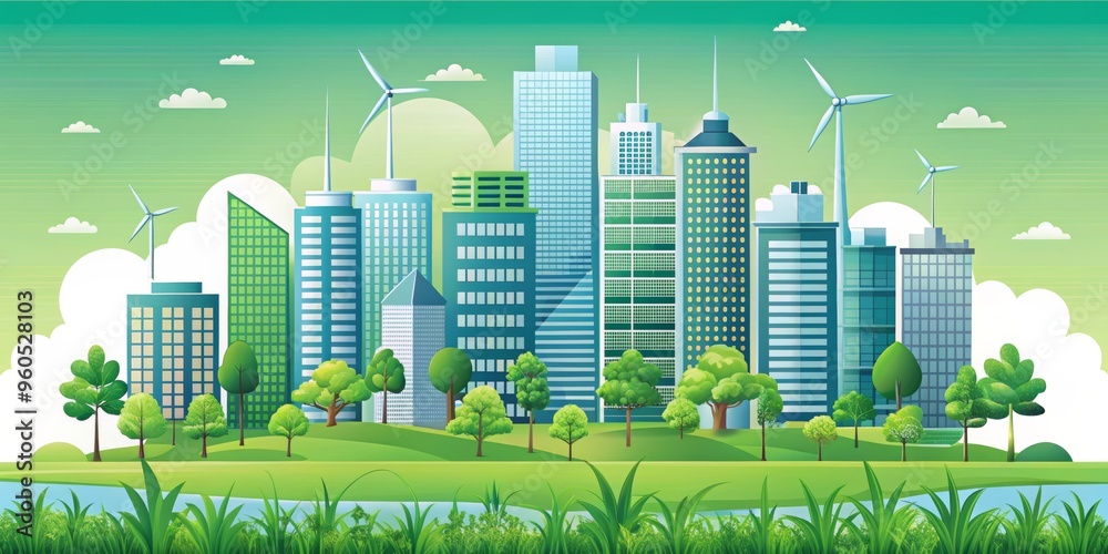 Sustainable Cityscape With Green Buildings Wind Turbines And Trees