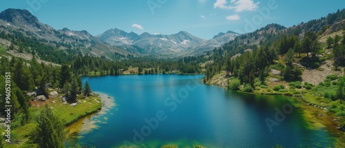 Majestic Alpine Serenity - Aerial View of Pristine Mountain Lake with Clear Water, Lush Forests, and Distant Peaks in 8k UHD Resolution