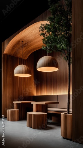 Modern wooden interior featuring unique lighting, stylish furniture, and greenery for a calming atmosphere.