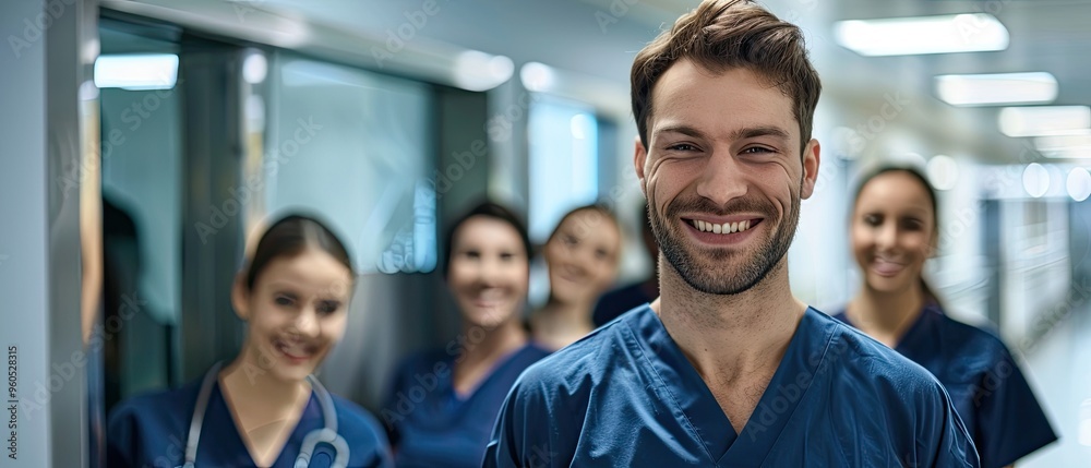 Smiling Doctor in Hospital Hallway with Colleagues