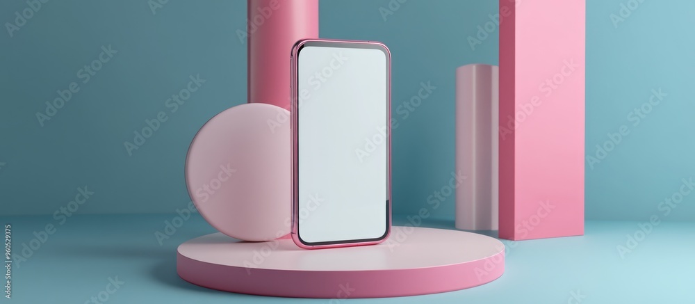 3D rendering of a pink smartphone with a white screen positioned against a pink graph and circle graph The phone s screen is suitable for commercial advertising set against a blue background 3D rendering of a pink smartphone with a white screen positioned against a pink graph and circle graph The phone s screen is suitable for commercial advertising set against a blue background