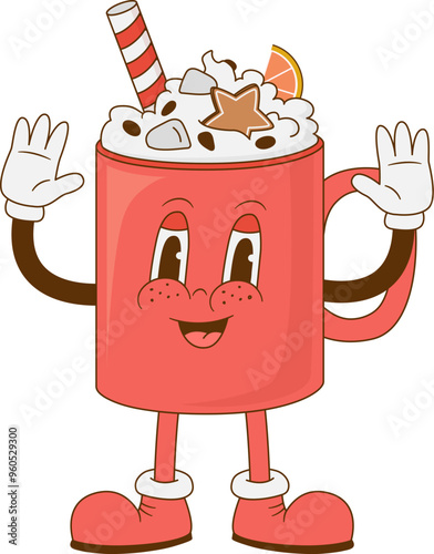 Retro cartoon latte character vector illustration. Vintage hot chocolate mascot. Merry Christmas vibe, Happy New year