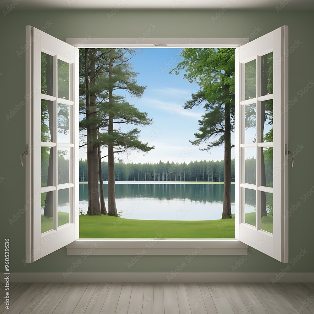 Fototapeta premium Imagine a rustic countryside home where the white-framed window, similar to the one in the image