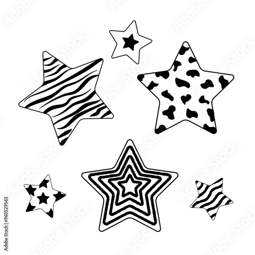 set of stars with a different pattern in black and white, geometric shapes with irregularities in the vector. For icons, postcards, prints, stickers, and decorations.