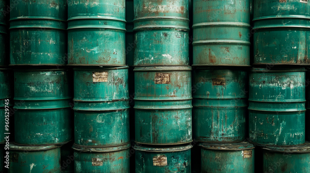 Green oil barrels or chemical drums stacked horizontally. Green oil barrels or chemical drums stacked horizontally.