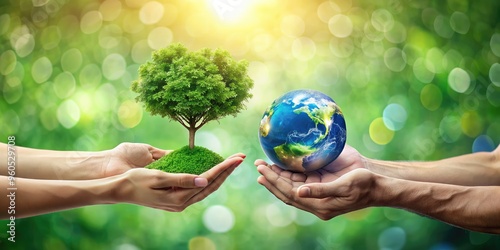  Two human hands holding a globe of the earth and a heart-shaped tree against a blurry green background. Concept image for World Environment Day