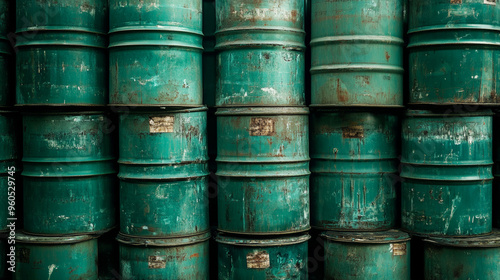 Green oil barrels or chemical drums stacked horizontally. 