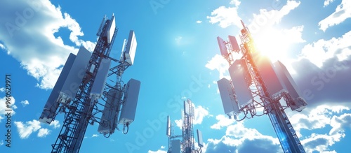 5G cell towers supporting mobile technology against a blue sky backdrop photo