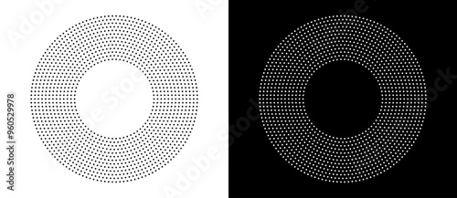 Halftone round as icon or background. Abstract vector circle frame with dots as logo or emblem. Black shape on a white background and the same white shape on the black side.
