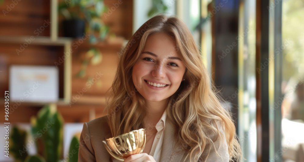 A smiling young woman in a professional suit holds a trophy, her eyes shining with pride. The image captures the essence of victory and the rewards of dedication in the office environment A smiling young woman in a professional suit holds a trophy, her eyes shining with pride. The image captures the essence of victory and the rewards of dedication in the office environment