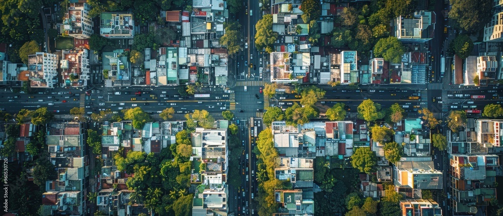 Obraz premium Urban Jungle from Above: Aerial View of Busy Cityscape with Traffic and Skyscrapers