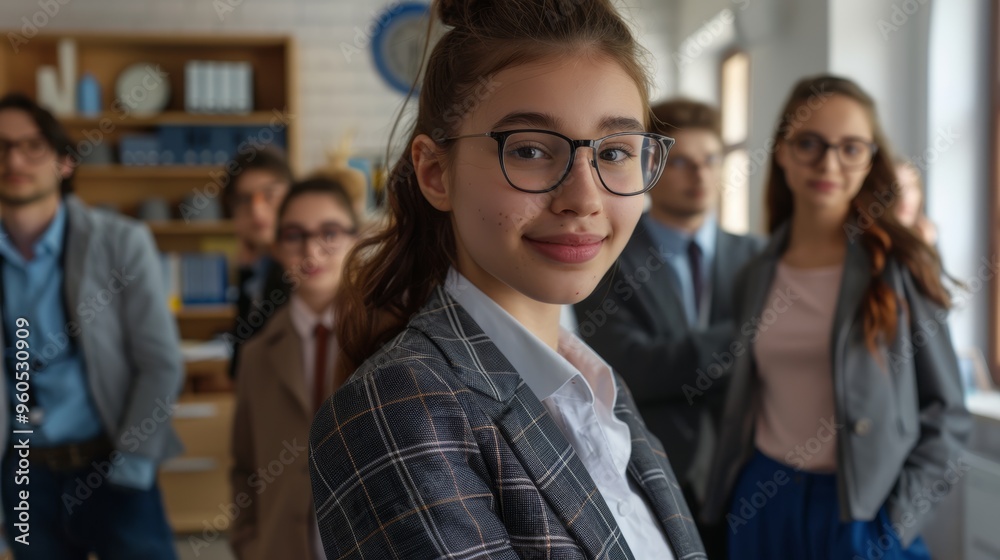 Young Girl in professional attire standing in an office, looking confident. Their serious expressions and the modern setting reflect their focus on future success and leadership. Young Girl in professional attire standing in an office, looking confident. Their serious expressions and the modern setting reflect their focus on future success and leadership.