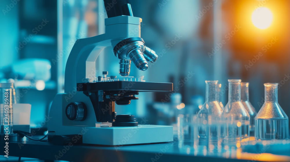 A microscope, chemical tubes, and glassware are on the lab table, representing science research and technology. A microscope, chemical tubes, and glassware are on the lab table, representing science research and technology.