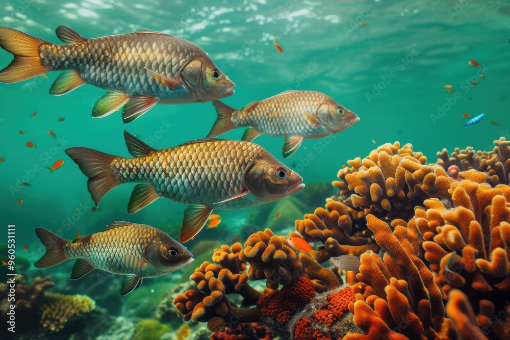 Fototapeta premium a vibrant coral reef thrives with schools of tropical fish in vivid hues. Swirling kelp forests and curious sea creatures bask in rays of sunlight breaking through the water's surface.